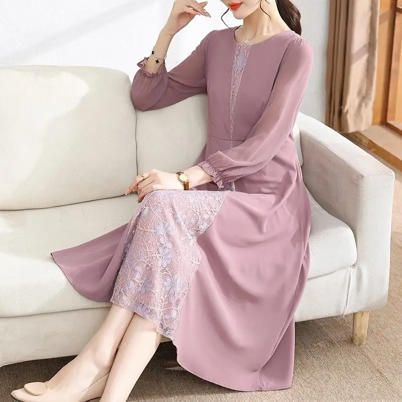 Women\'s Clothing Lace Patchwork Dresses Elegant A-Line Waist Spring Autumn Long Sleeve Commute Solid Color Round Neck Midi Dress