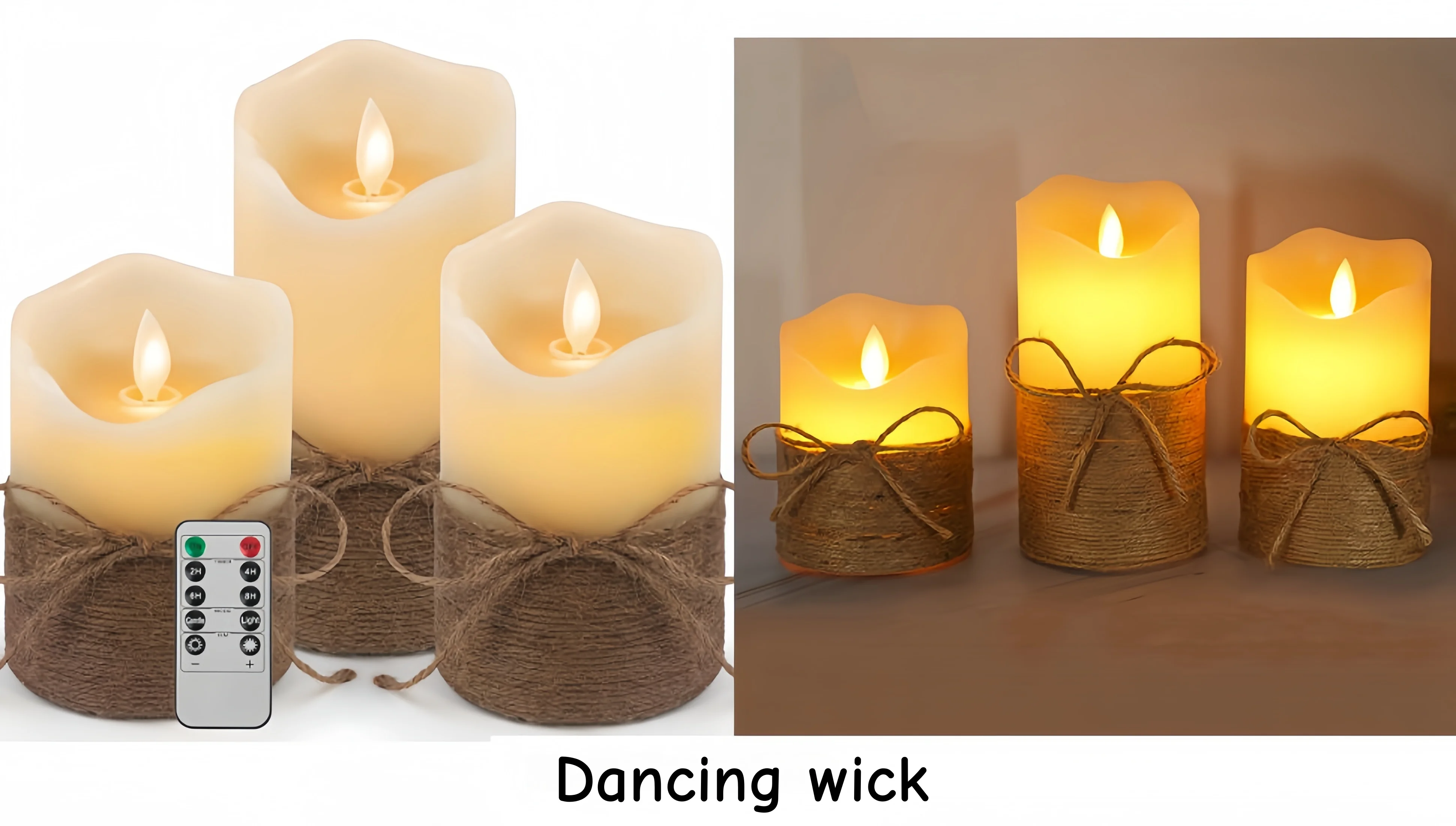 3pcs Remote controlled Flickering Flameless Led Candle Electric Pillar Candles Paraffin Wax w/Hemp Rope Wedding Xmas Party table