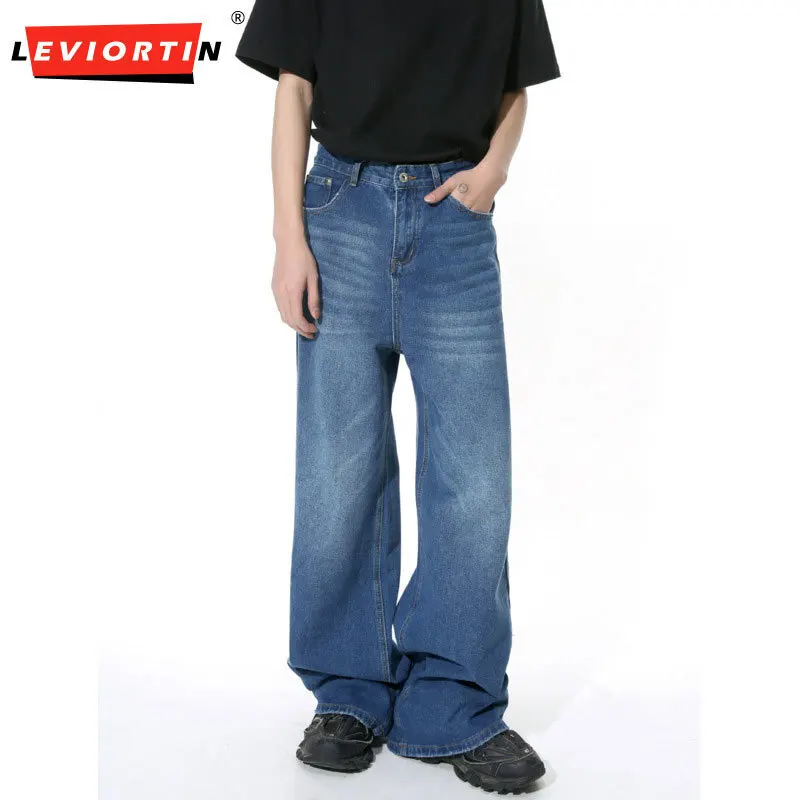 LEVIORTIN Men's Straight Jeans American Style Gradient Color Button Pockets Male Wide Leg Denim Pants Casual Spring New Chic