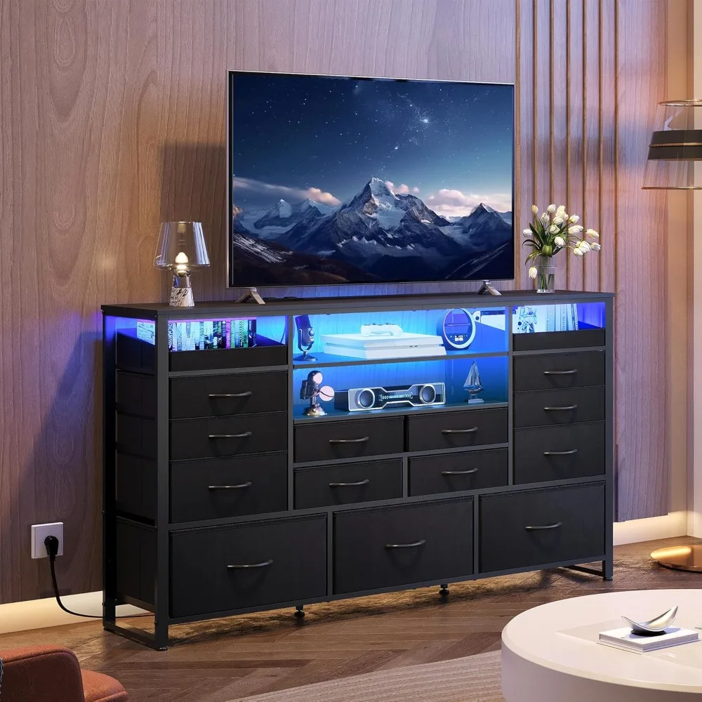 

Black TV stand, suitable for 55, 60, 65 inch TVs, entertainment center with LED lights and charging station, TV media console