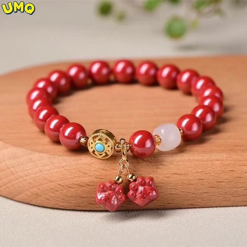 

Natura Natural Cinnabar King Sand High Polish Single Loop Women's Bracelet Kitty's Paw New Year's Red Bracelet As a Gift for You