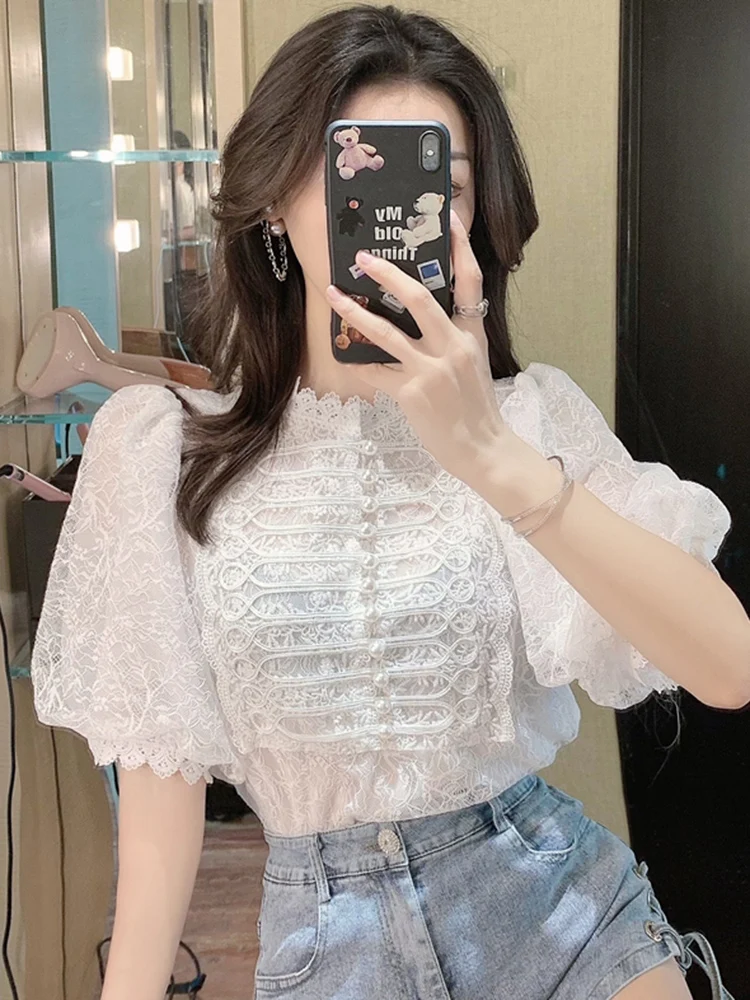 Zoki Chic Puff Sleeve Sweet Lace Blouse Women Elegant Korean Design Shirt Casual Fashion Female Pearl Buttons O Neck Tops New