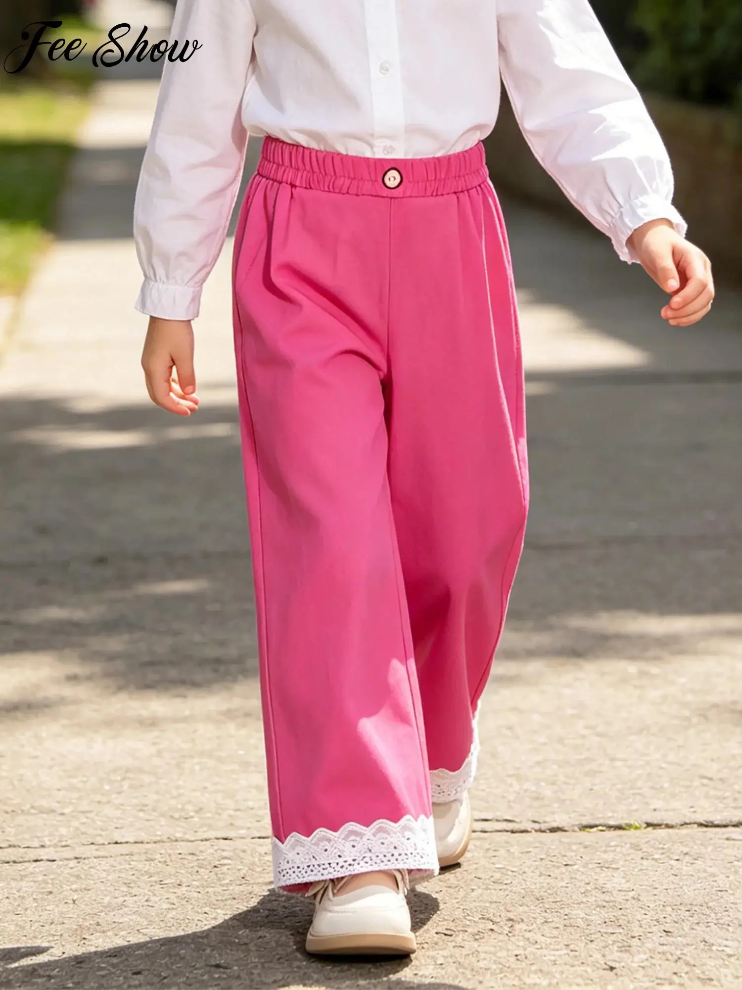 Kids Girls Fashion Lace Trim Wide-leg Pants Elastic Waistband Long Loose Legs Trousers for School Vacation Weekend Casual Outing
