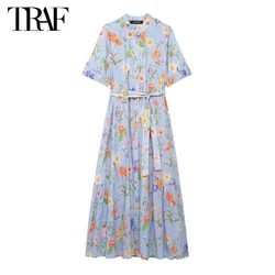 TRAF 2024 Floral Shirt Dress Women Short Sleeve Midi Dress Woman Summer Holiday Long Dress Woman Belt Button Dresses for Women