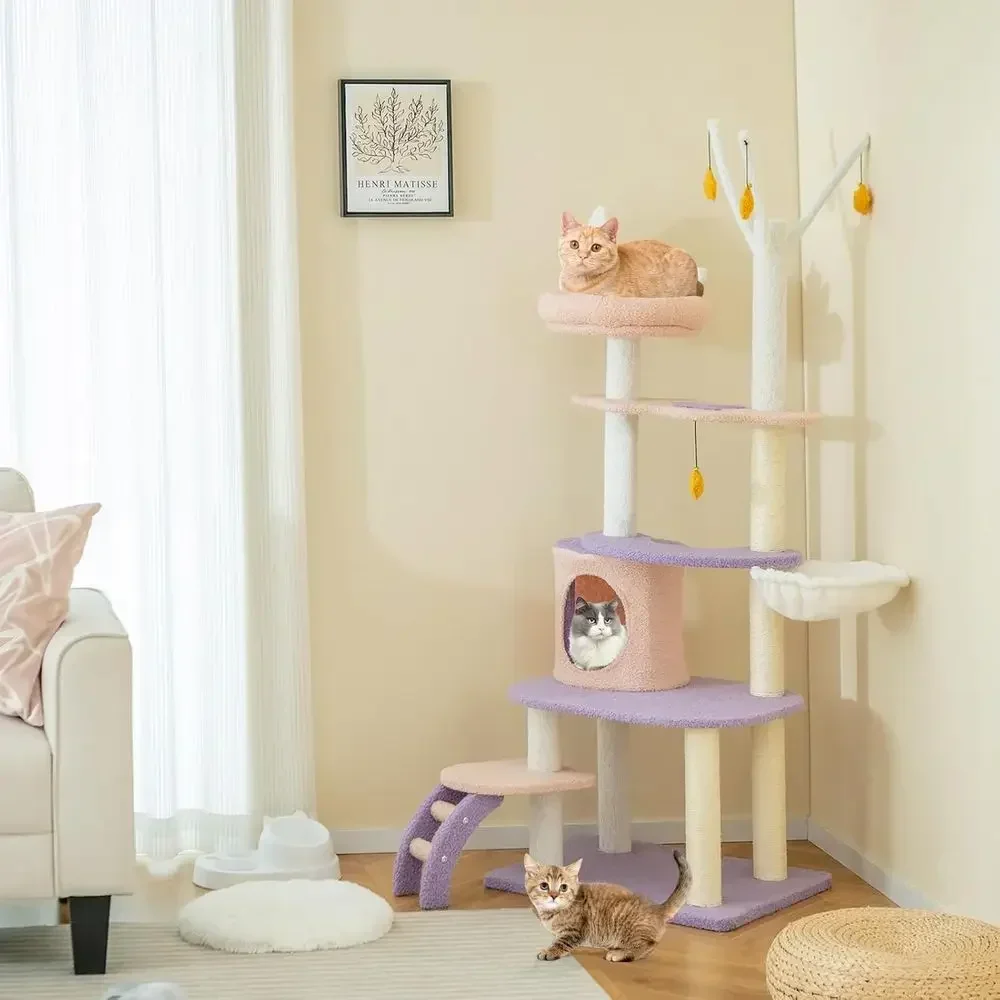 62-Inch Multi-Level Cat Tower with Condo, Scratching Posts, Ladder, Plush Perch, Hammock, Cloud Platforms, and Dangling Star Toy