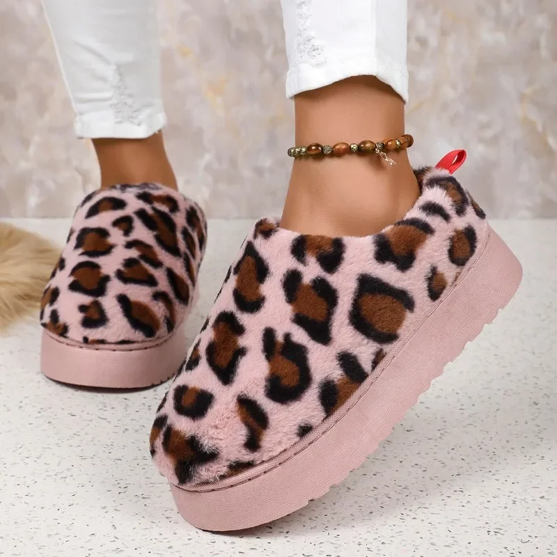 Fashion Design Leopard Fur Ankle Snow Boots Women\'s Warm Cotton Shoes Winter Short Plush Boots 2024 New Comfortable Femme Botas