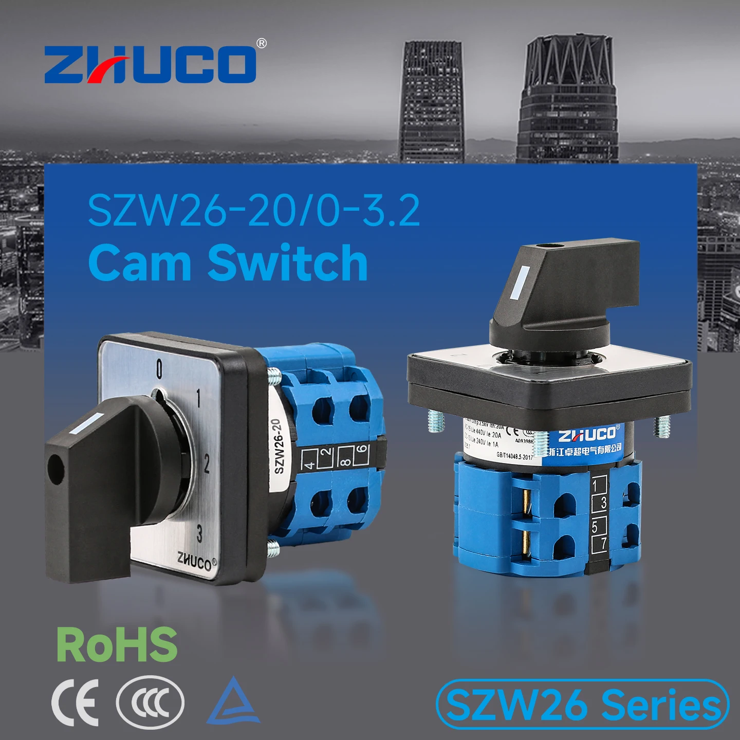 Zhuco 2/3 Position Selector Switch 20A 690V, 8-Terminal Universal Rotary Cam Selector with Locking Switch, Suitable for Distribution Cabinets, Machine Tools, Industrial Panels (Szw26-20/0-3.2, on Off On, on Off, on on)