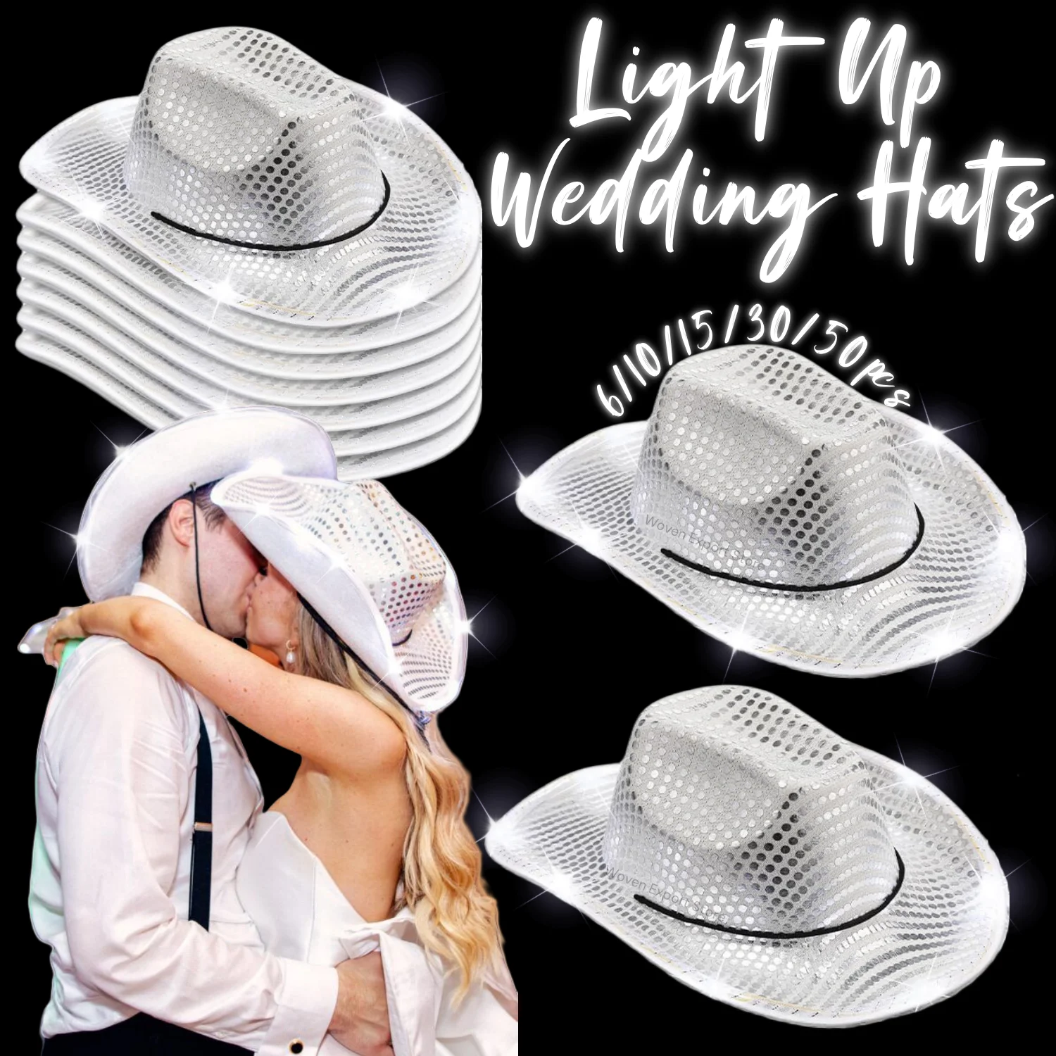 6-50pcs Light Up Cowboy Hats Led Western Wedding Cowboy Hats LED Disco Party Hats for Wedding Reception Dancing Party Supplies