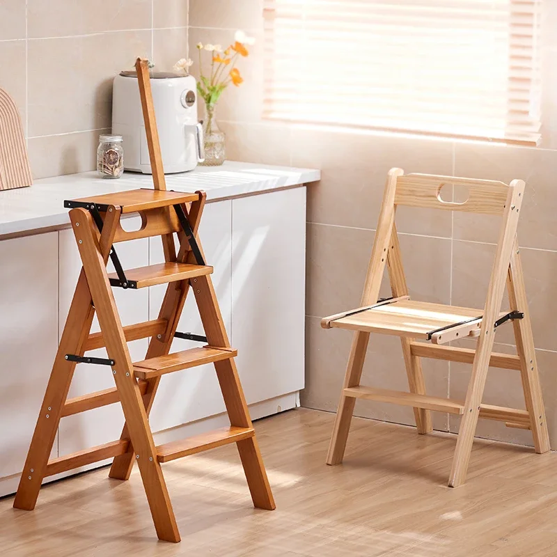 Free Installation of Solid Wood Folding Ladder Balcony Flower Rack Multi-functional Handrail Climbing Ladder Stool for Kitchen