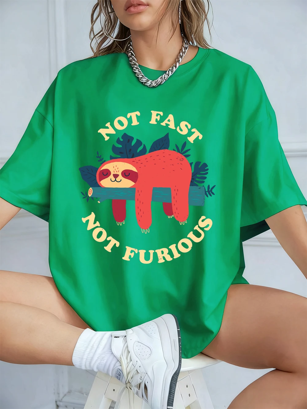 Nicht schnell, nicht wütend, Faultier-Drucke, T-Shirts für Damen, Sommer, Baumwolle, kurzärmelig, lockerer O-Ausschnitt, weiche Oberteile, lässige Damenkleidung