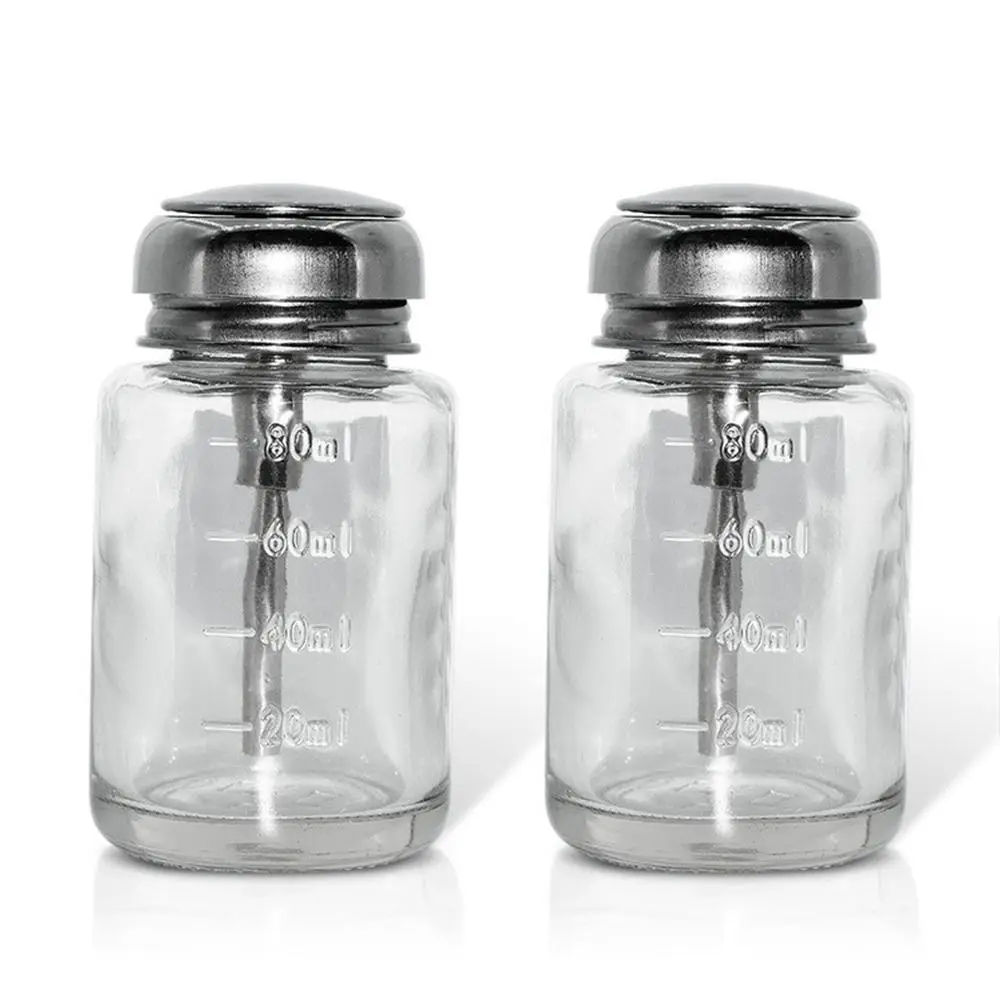 

80ml Glass Press Refillable Bottles Push Down Round Top Pump Nail Polish Remover Container Clear Empty Makeup Remover Bottle