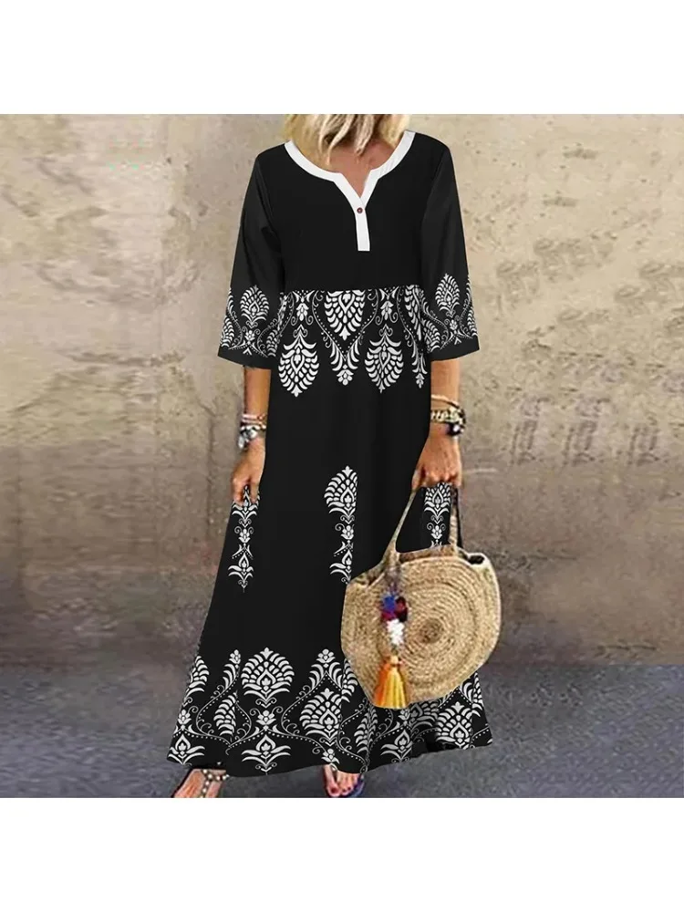 Women\'s Spring/Summer Fashion Middle Sleeve Printed Design Long Dress Loose Simple Button Dress Casual Versatile Long Dress