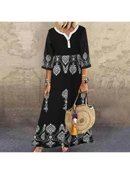 Women's Spring/Summer Fashion Middle Sleeve Printed Design Long Dress Loose Simple Button Dress Casual Versatile Long Dress