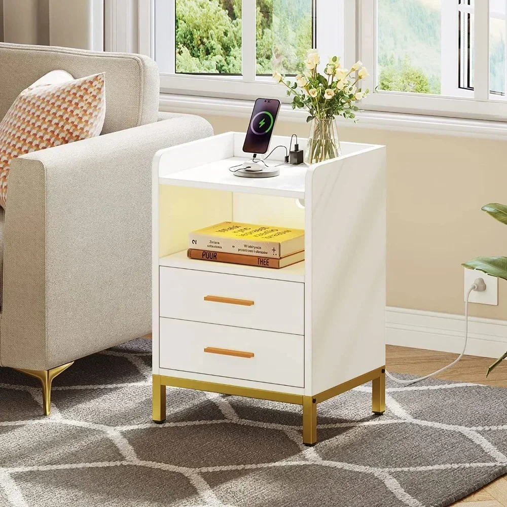 White NightStand with LED Lights and Charging Station, End Bedside Table with 2 Drawers, Open Storage, USB Ports and Outlets