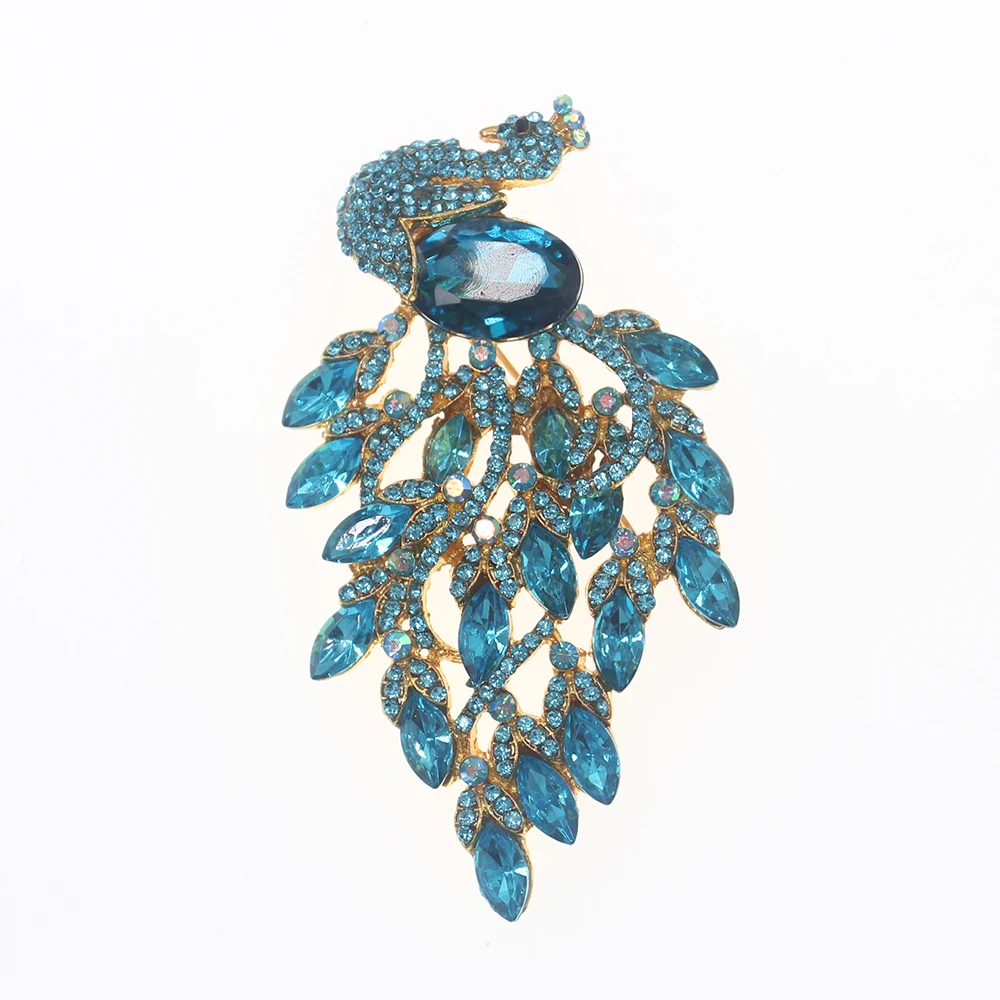 100pcs  Large Vintage Golden Plated Blue Crystal Peacock Brooch Elegant Women Jewelry Peacock Rhinestone Brooches Pins for Women