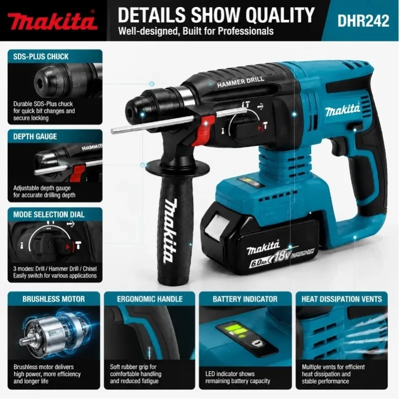 Original Makita DHR242 Akku-Bohrhammer, 18V Bürstenloser Motor, 24mm Betonkapazität, 4700 IPM, 3-Modus-Betrieb, Hochleistungs-Profi-Elektrowerkzeug, 18V 6Ah Akku