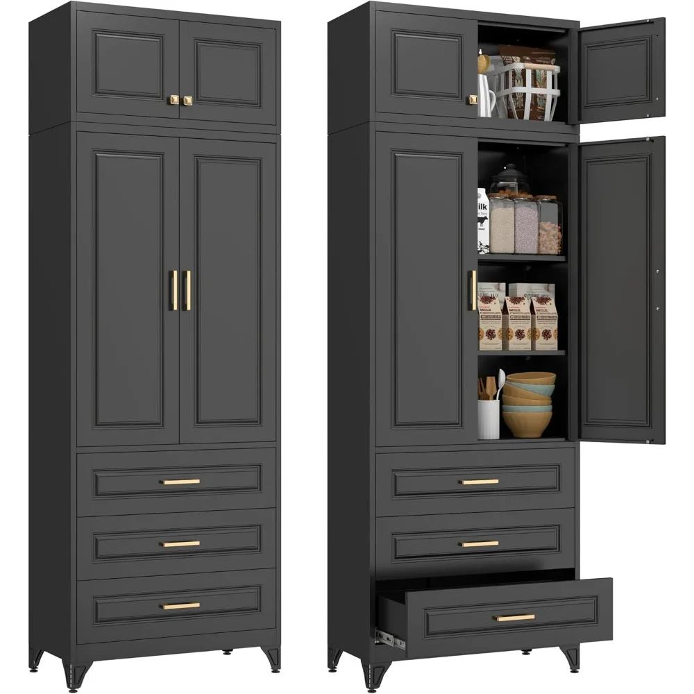

Kitchen Pantry Cabinet, 90 Tall Cabinet with Three Drawers, Metal Food Pantry Cabinet and Shelves, Freestanding Cupboards