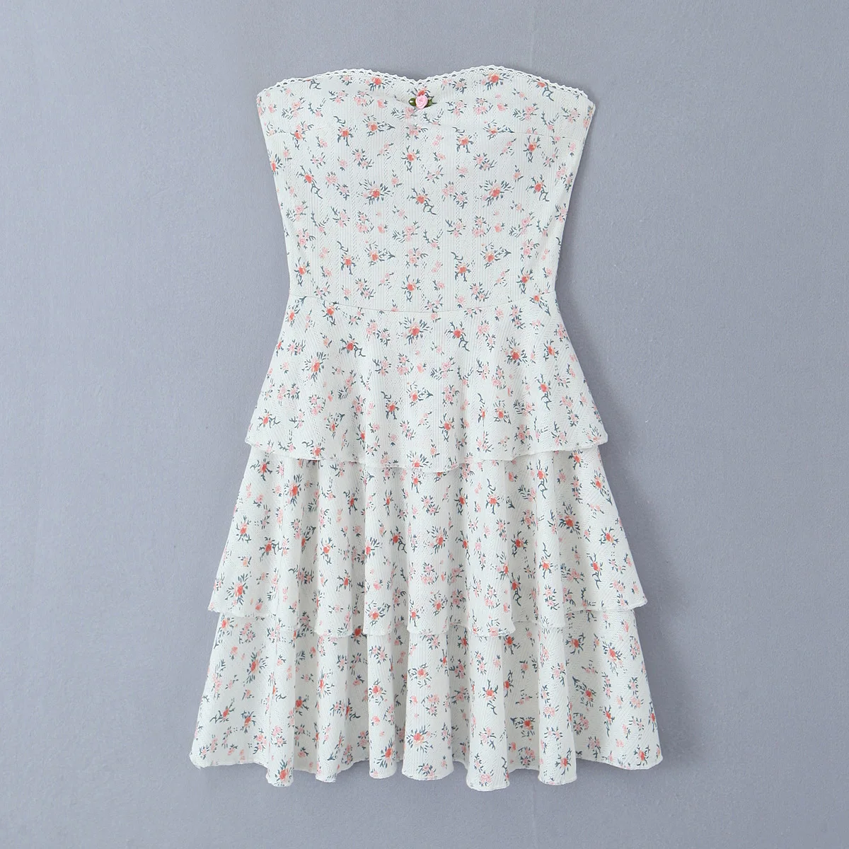 Mini vestido sem alças com estampa floral sexy feminino, costela de tricô, cintura fina, babados de 3 camadas, bainha, robe de bolo curto, 2024