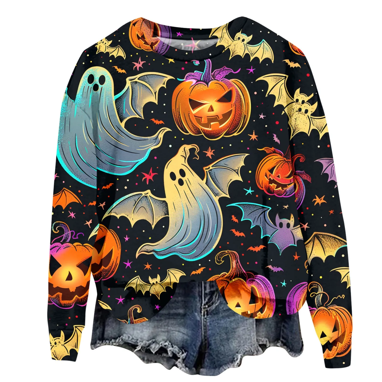 

Plus Size Halloween Sweatshirt Women's Pumpkin Print Long Sleeve Crew Neck Loose Tops Female Pullover Sweatshirt