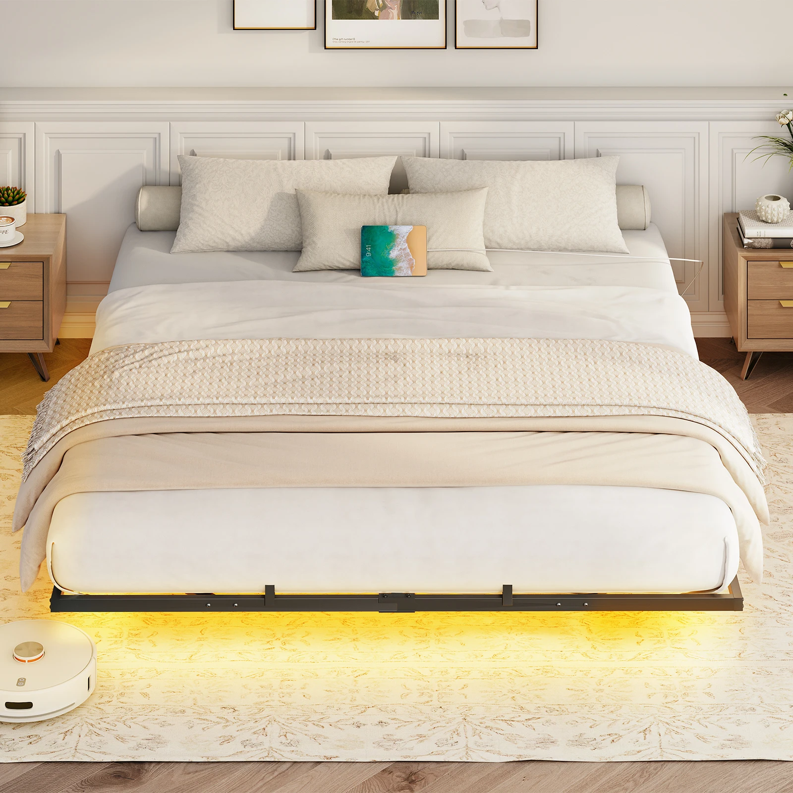 

HOOBRO Floating Bed Frame King Size Bed Frame with Charging Station and LED Lights Industrial Style Metal Platform King Bed