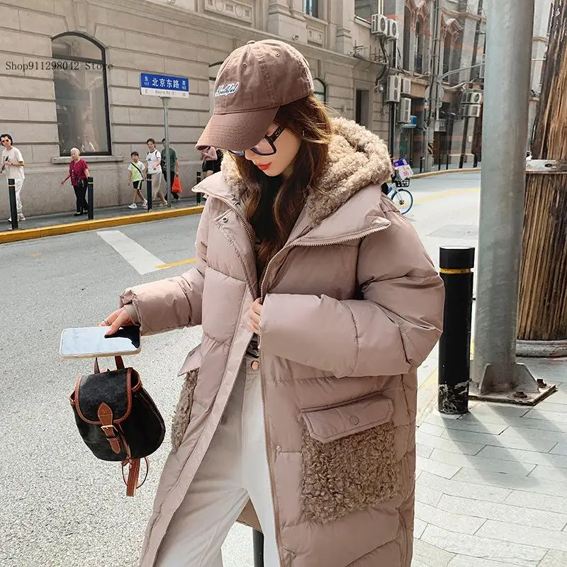 Women\'s Spring Autumn Winter Solid Color Lamb Wool Hoodie Coat Thickened Cotton Jacket with Large Pockets Slim Fit Outerwear