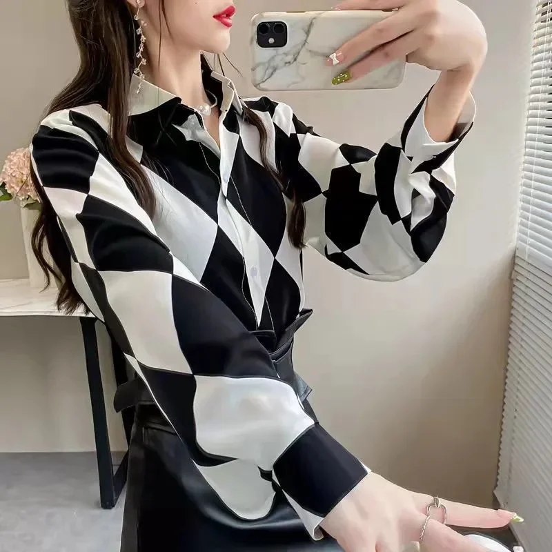 

Pop Shirt Women's Design Sense Niche Long-Sleeved Blousers 2025 Spring And Autumn Korean Retro Buttton Chiffon Shirt Top Printed