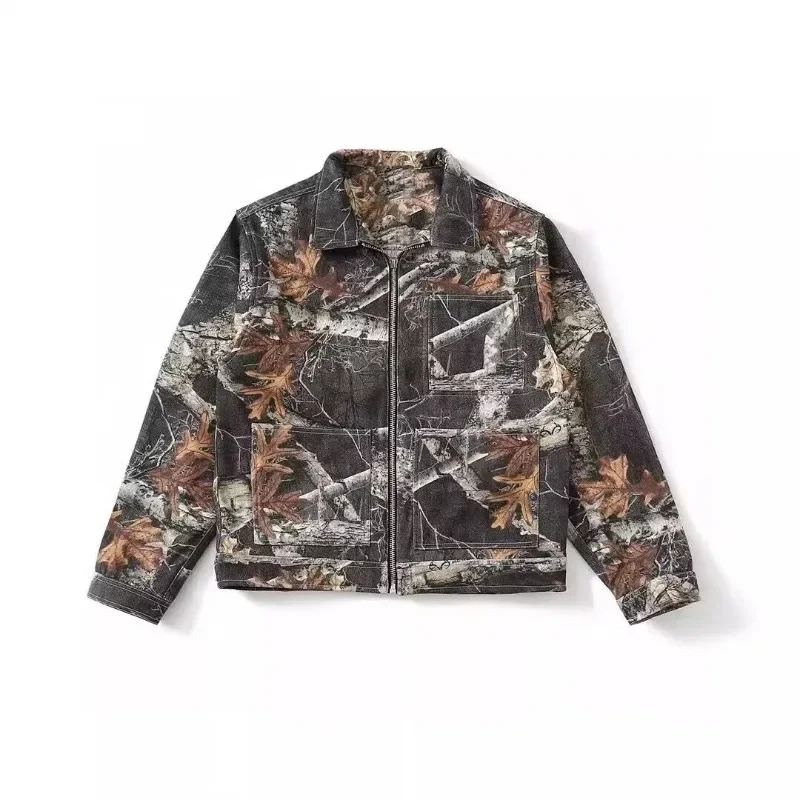 Denim jackets camouflage maple leaf print men's and women's denim jackets American fashion brand fashion street trend tops