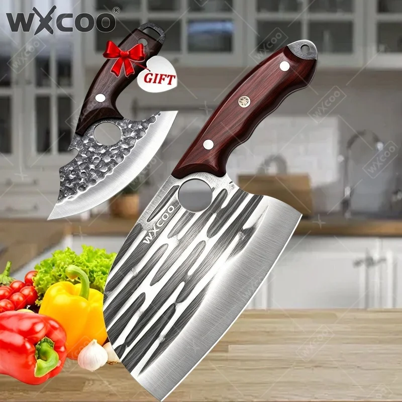 WXCOO Stainless Steel Kitchen Knife Unique Wooden Handle Meat Cleaver Forged Chinese Slicing Knife Gift with Kitchen Peeler