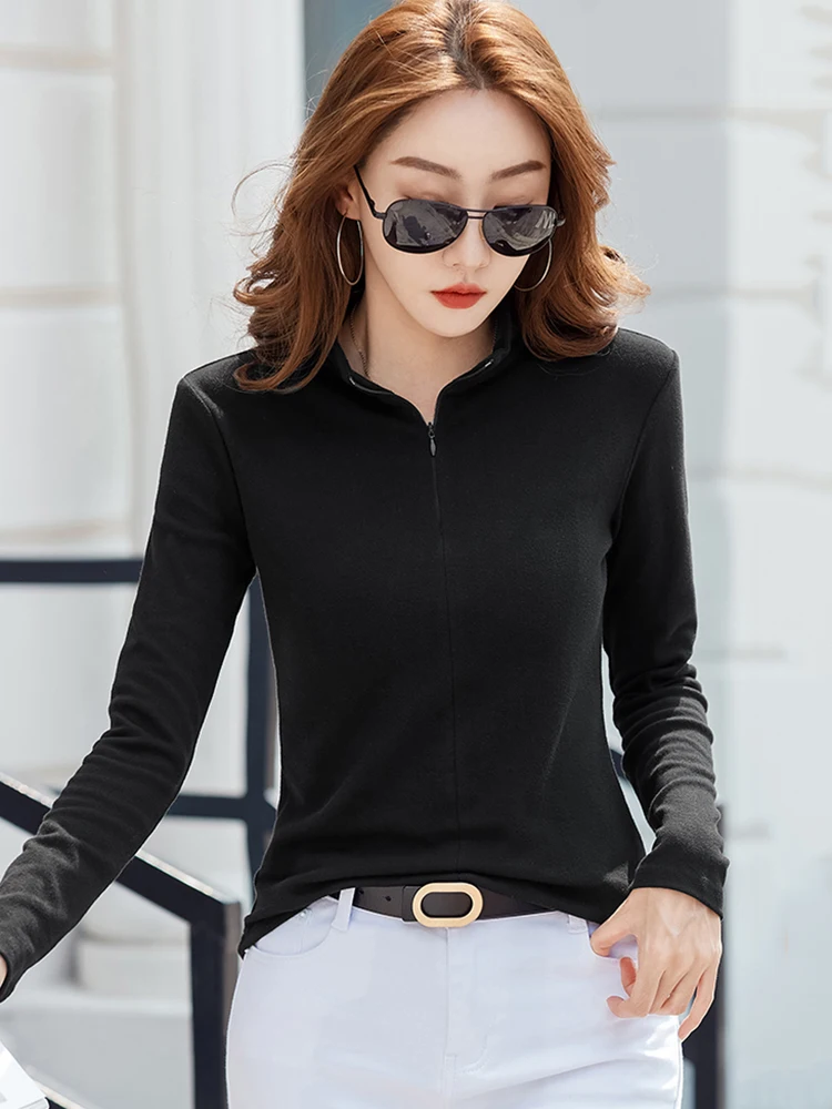 Nouveau Femmes Col mi-haut avec fermeture éclair Chemise bas Automne Hiver Simplicité de la mode Couleur unie Manche longue T-shirt ajusté Hauts