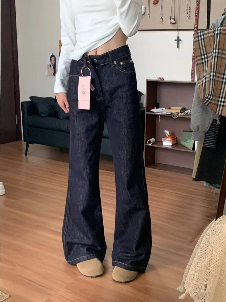 

Расклешенные джинсы с высокой талией и низкой посадкой, женские осенне-зимние винтажные прямые модные однотонные джинсы на молнии