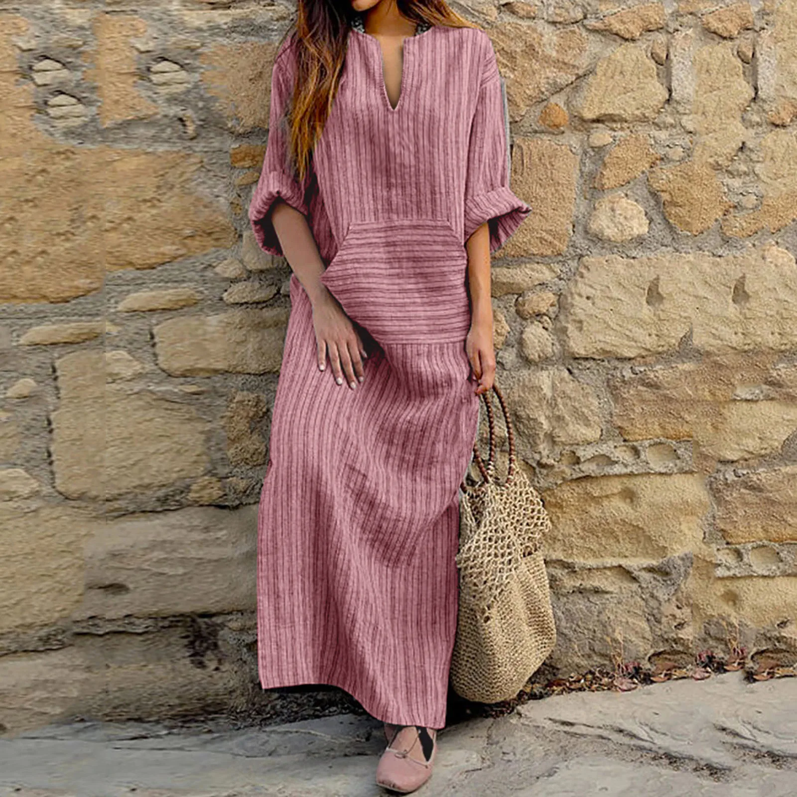 2023 New Cotton Linen Long Dresses For Women Summer Short Sleeved Solid Color V-Neck Retro Casual Robe Clothing Sundress Vestido