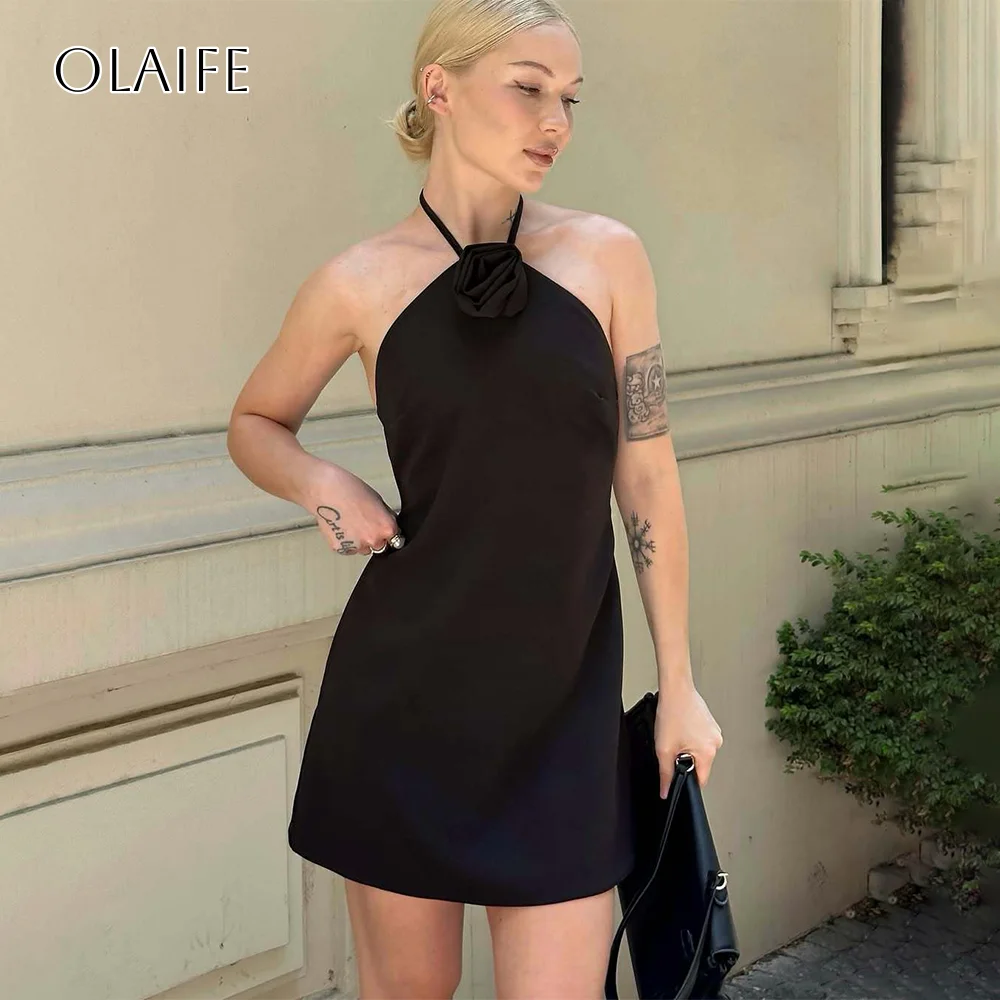 

Black A-Line Short Halter Flower Cocktail Dresses Satin Party Gowns Sleeveless Customized платье вечерн