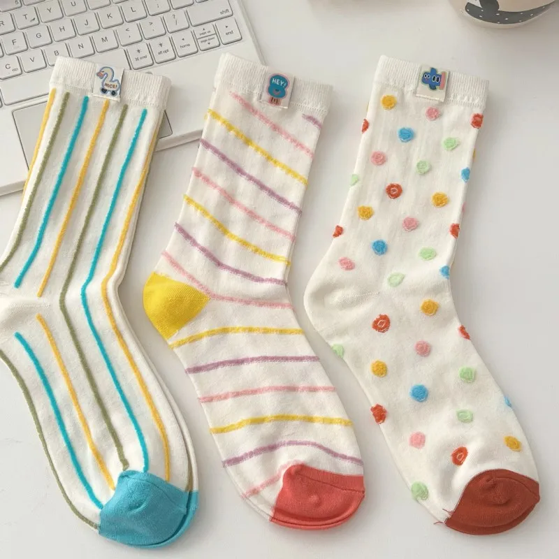 Women'S Stockings Cartoon Cotton Socks For Women Colorful Stripes Socks Leisure Middle Barrel Stocking Soft Skin Friendly