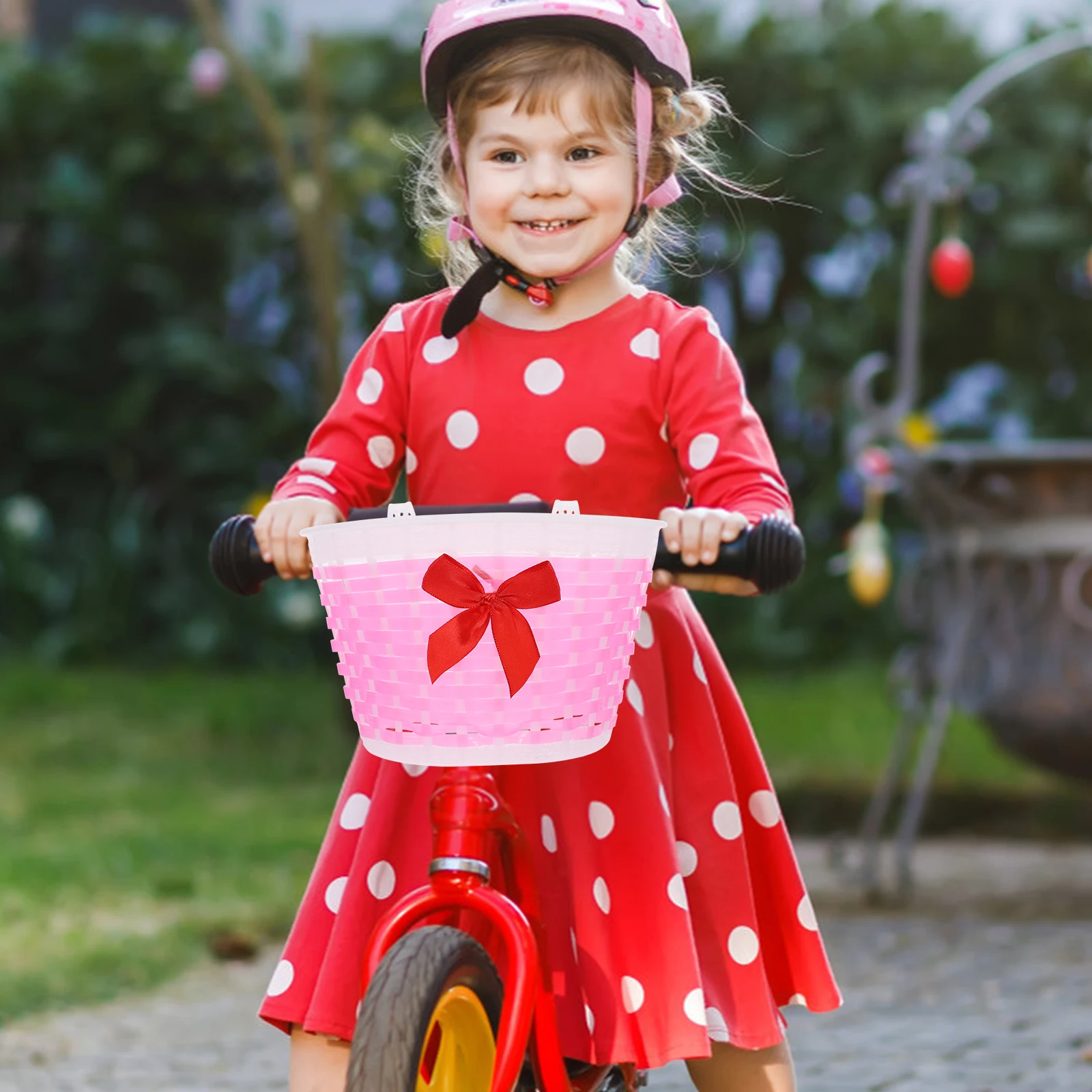 

Plastic Handmade Bike Basket for Kids Girls Pink Bicycles Storage Scooter Bicyclel Decorative Bow knot Special Knitted