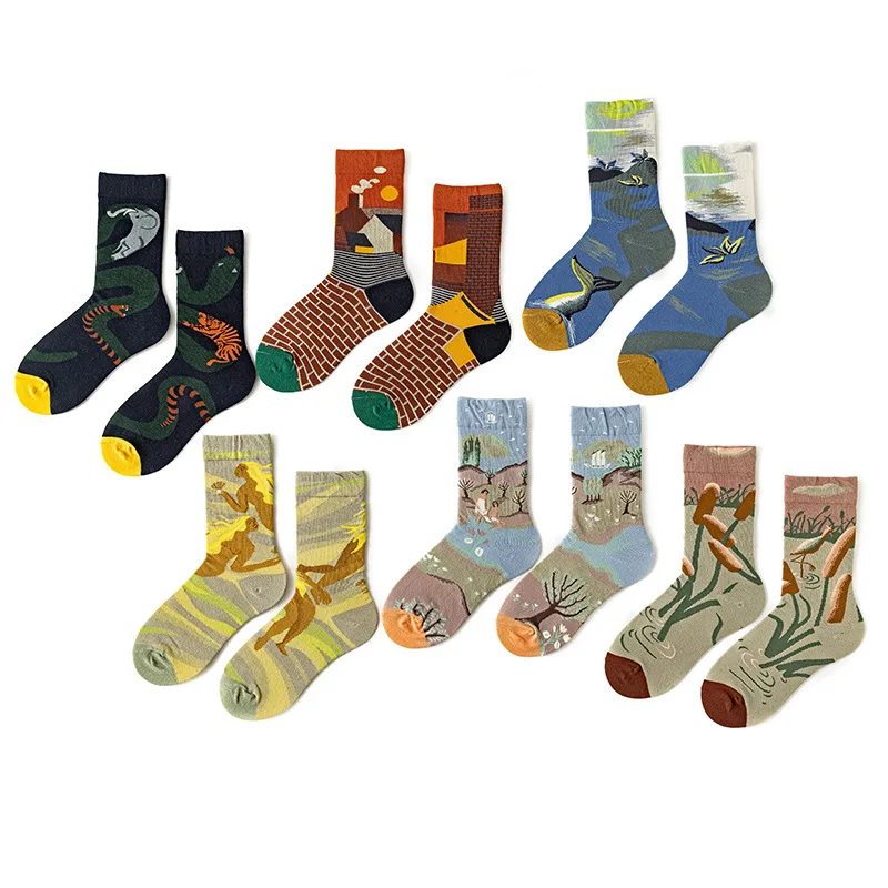 New oil painting niche men's socks Retro abstract art luxury cotton socks