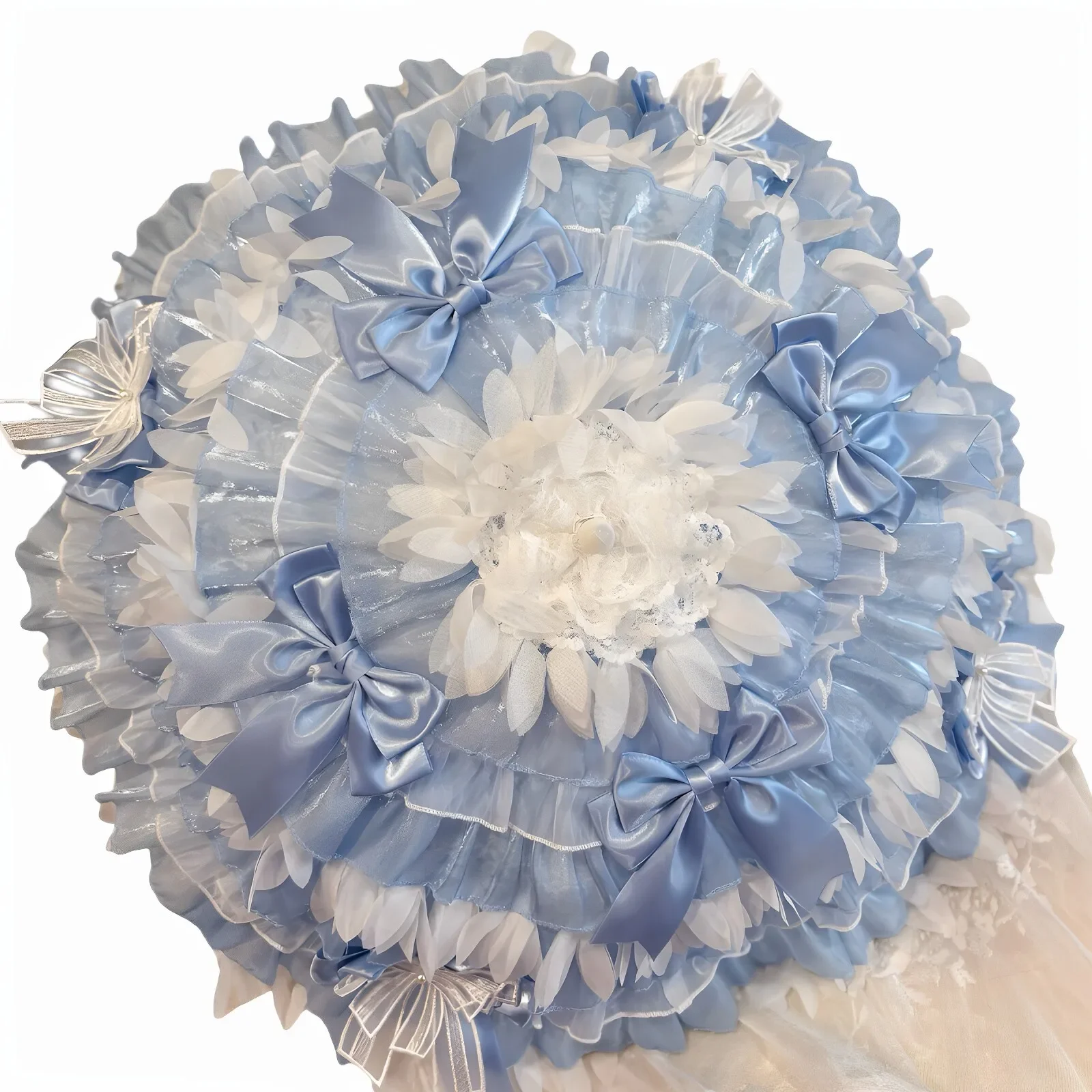 Lolita Handmade Parasol Light Blue Ruffle Lace Bow Umbrella, Wedding Bridal Tea Party Cosplay Photography Prop