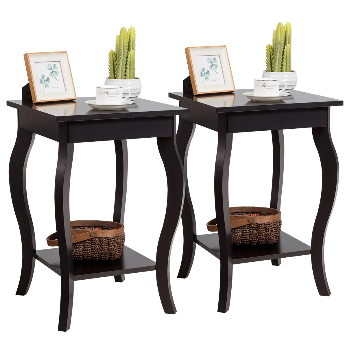 GOFLAME Set of 2 End Tables Accent Table with Elegant Curved Legs & 2-Tier Open Storage Shelves Dark Coffee