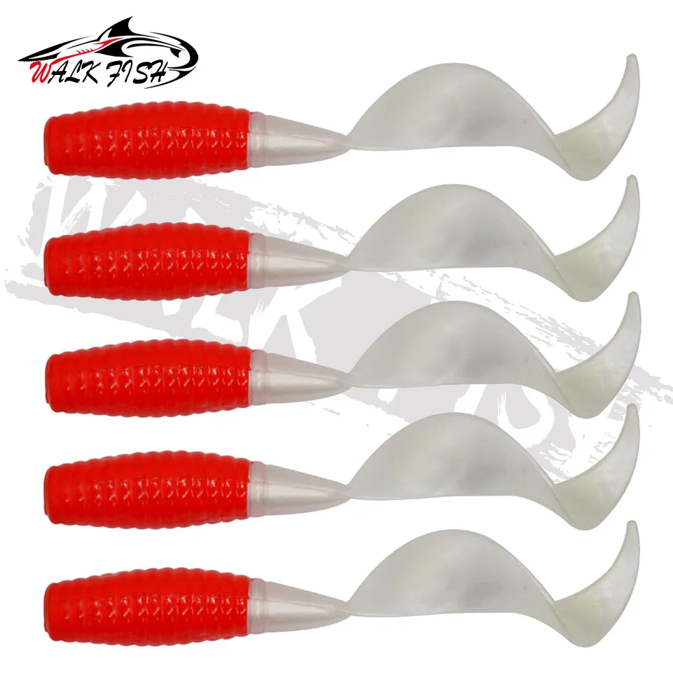 WALK FISH 10Pcs/Lot Fishing Lure 70mm/10.5g Soft Worm Red White Sickle Tails Single Tail Plastic Finesse Grub Artificial Bait