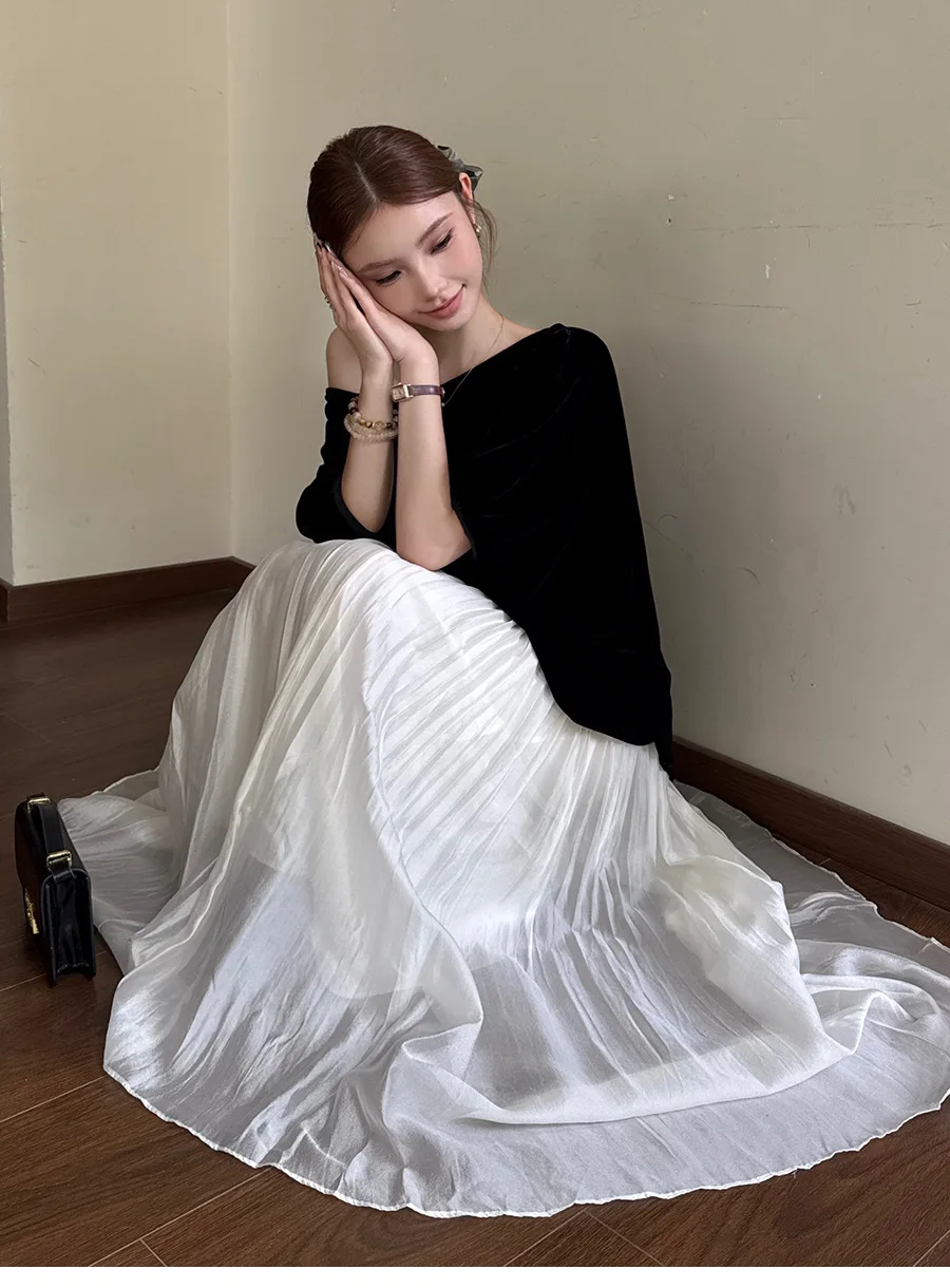 

Elegant White Tulle Maxi Skirt Women Spring Summer High Elastic Waist A-Line Pleated Skirts Fairy Puffy Long Skirt Female Spring