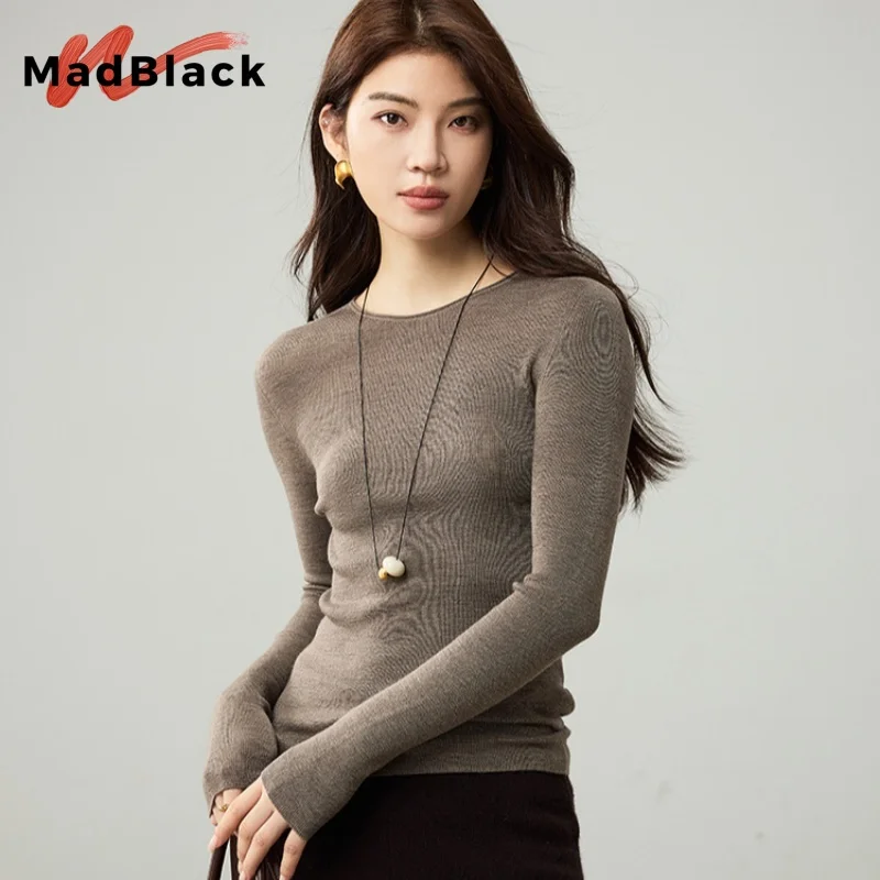 

Madblack, 100%Pure Wool Elegant Sweater, Women O Neck Long Sleeve, Basics Seamless Knit Tops, 2025 Winter Autumn New T5N910JF