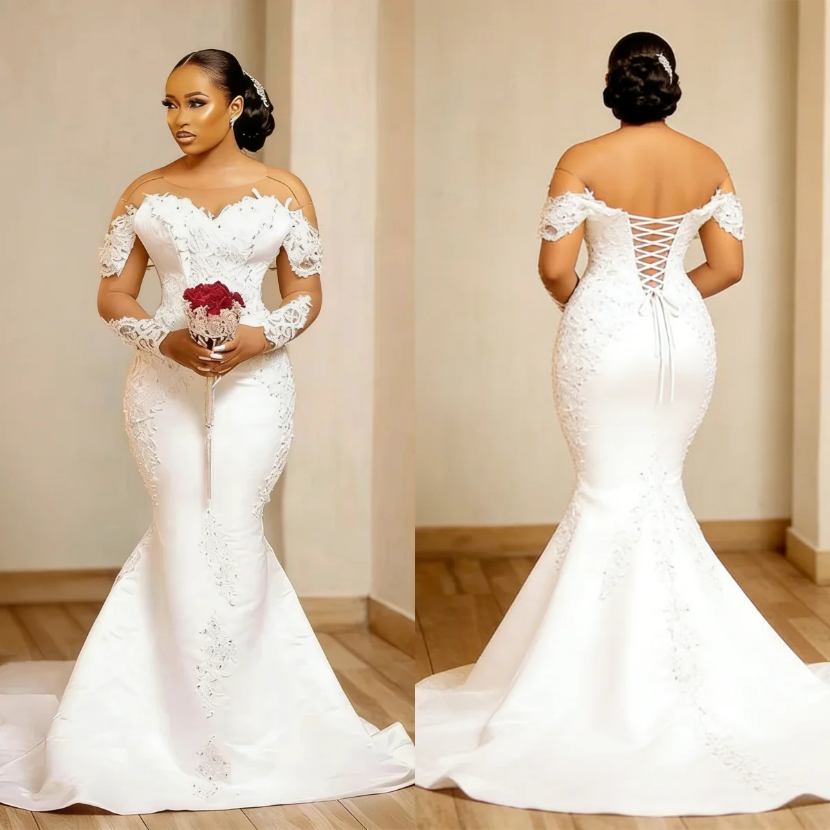 Customized 2026 African Style Brown Skin Wedding Dress Round Neck Satin Lace Beads Lace Up Style Mermaid Vestidos De Novia
