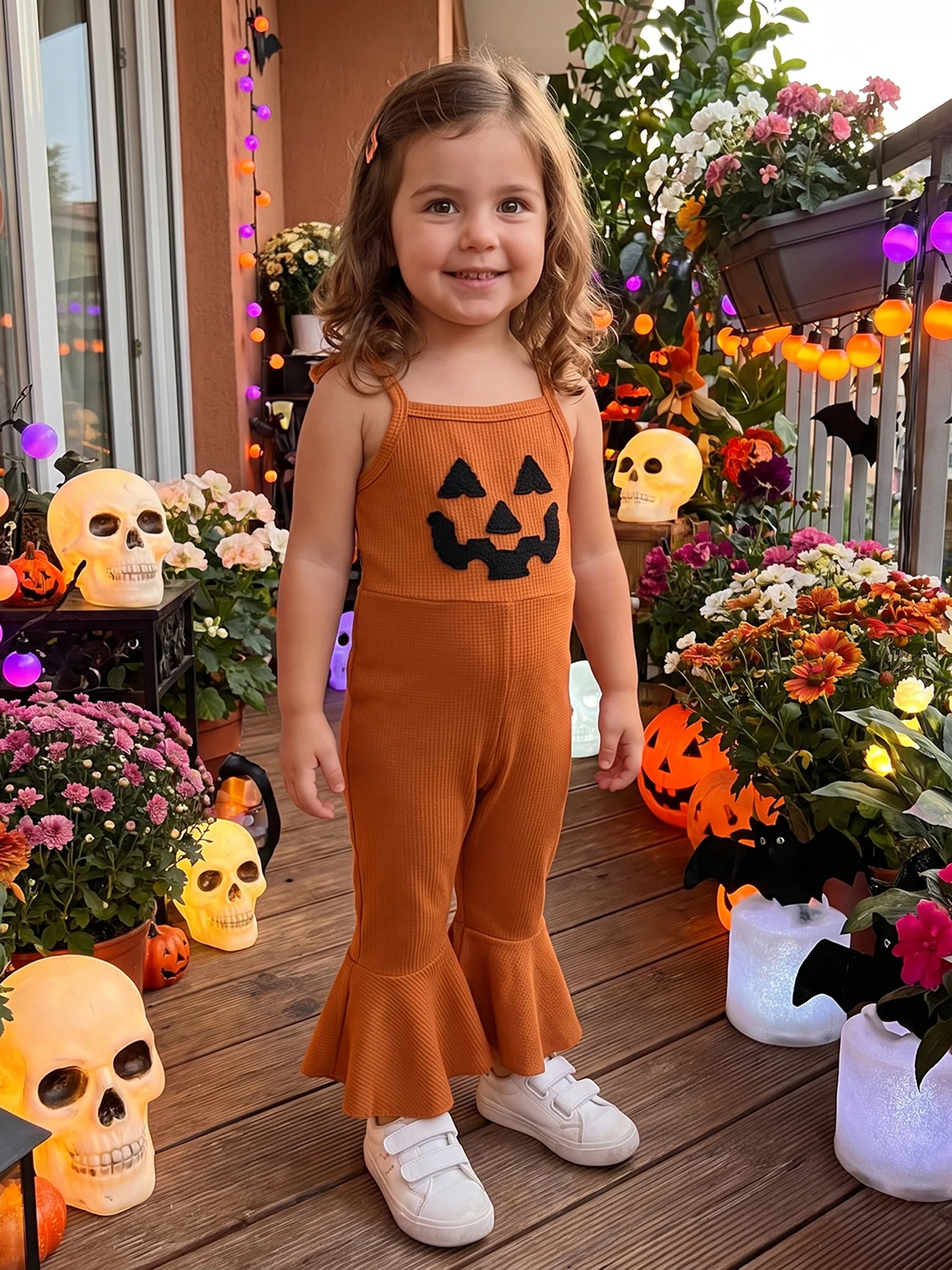 Face Jumpsuit-Pumpkin Halloween-Jumpsuit Overall Pants Sleeveless Pumpkin Face Embroidery Waffle Knit Overall Girl Compact