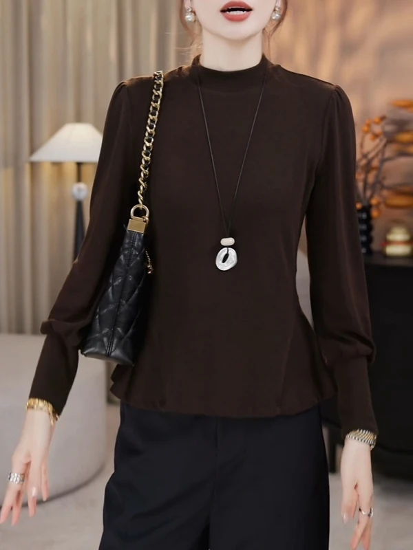 Café Brown Long Sleeve T-Shirt Women's plus Size Autumn Waist Cinched Skirt Hem Top Half High Collar Regular Length Pure Color