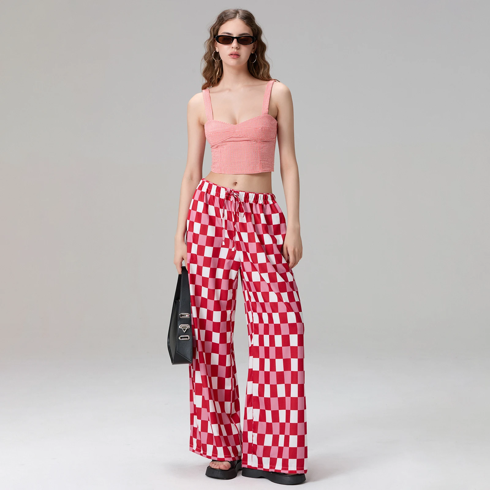 Y2K Fashion Wide Leg Pants Casual Sun/Checkerboard Print Loose Elastic Waist Women Trousers for Work Office Streetwear