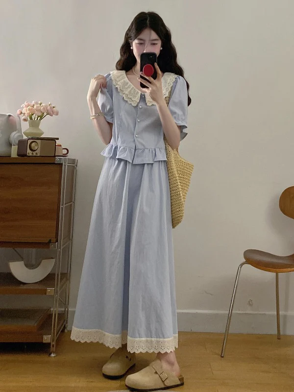 

plus Size Women's Summer Outfit Light Blue Lace Trim Set Slimming Effect Doll Shirt And Skirt Combo Fashionable Street Style