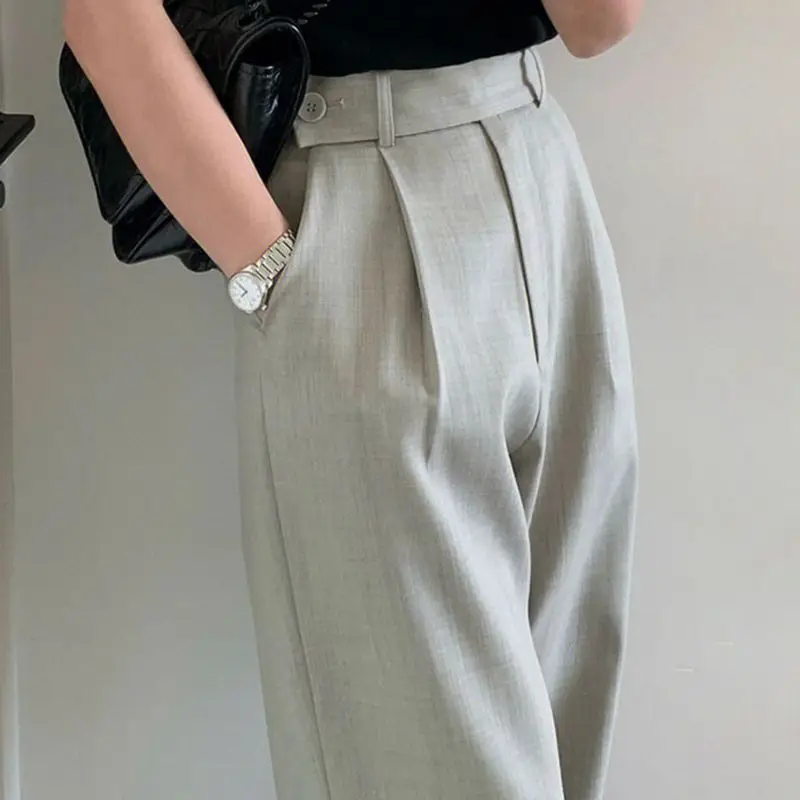 High Waist Narrow Wide-Leg Pants Draping Effect Tight Waist Straight-Leg Pants Classic Women\'s Trousers Commuter Gray Suit Pants