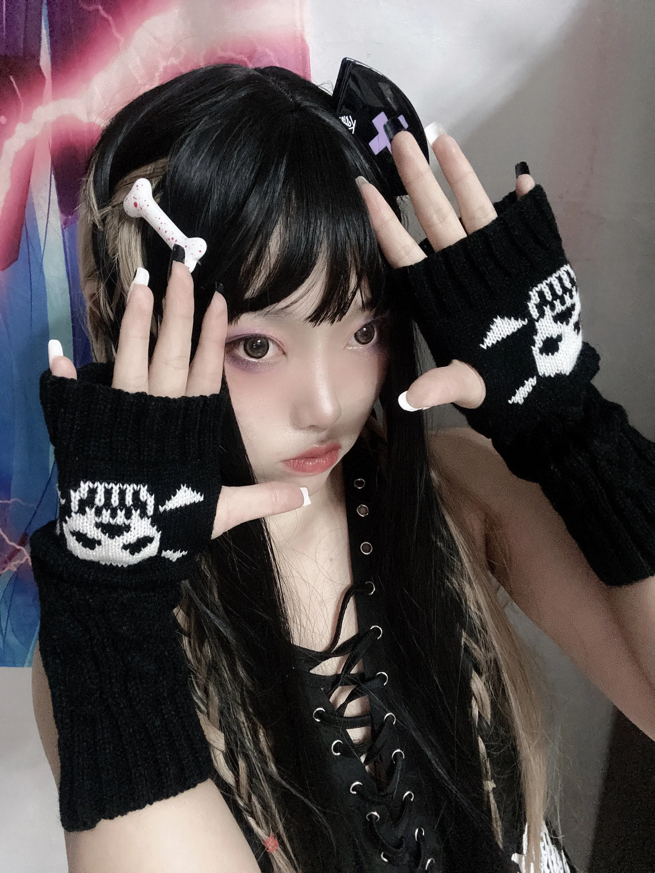 Guantes góticos Emo sin dedos para mujer, Harajuku, Punk, negro, Calavera, medio dedo, guantes largos, Egirl, Grunge, Lolita, Anime, Kawaii,