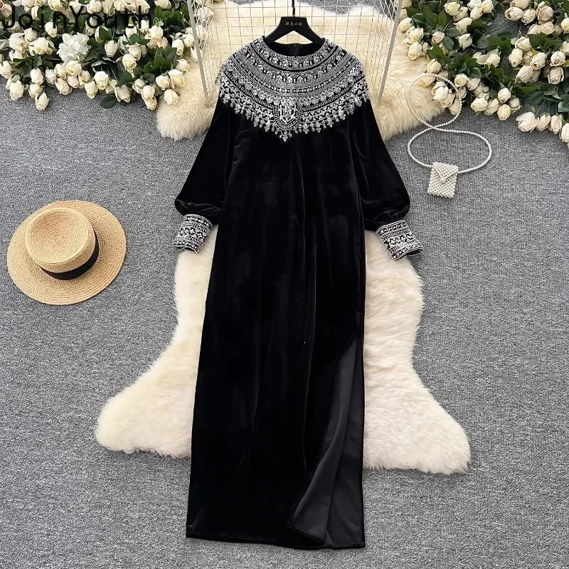 Temperament Robe Femme Vintage Loose Dresses for Women Heavy Sequin O-neck Split Velvet Maxi Dress 2025 Vestidos De Mujer 7p288