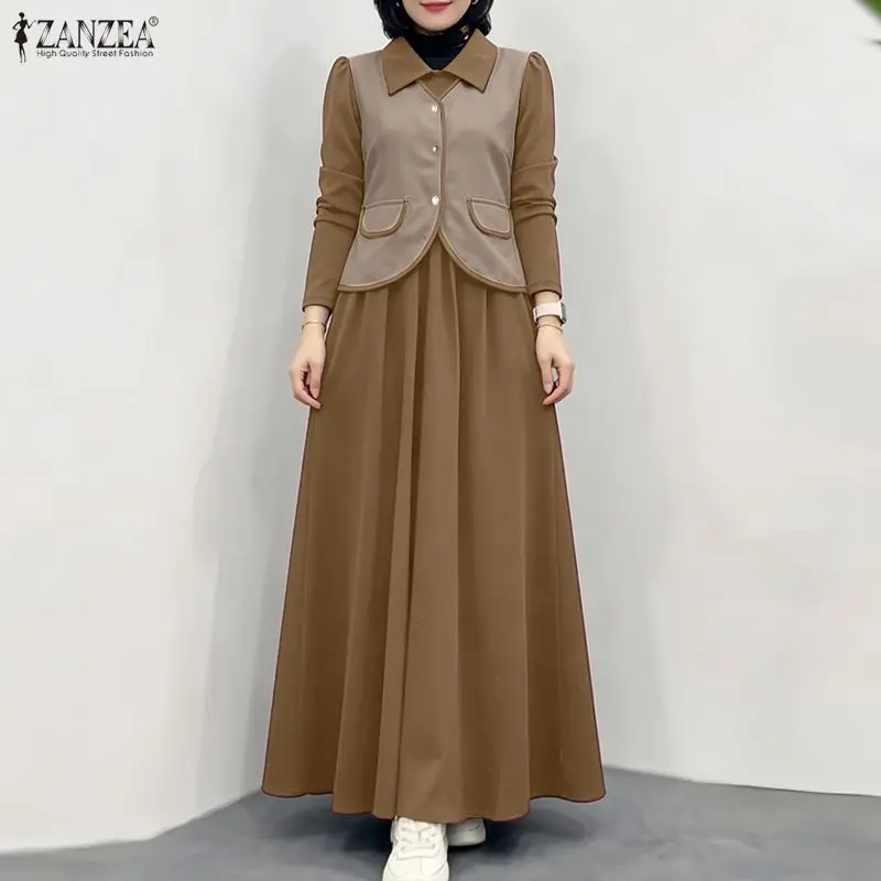Muslimische Damenmode Maxikleid mit Umlegekragen Langarm A-Linie Lange Kleider ZANZEA Kontrastfarben Abaya Roben Femme