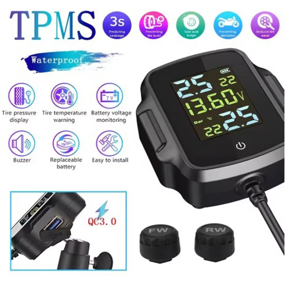 1set Motorcycle Tpms Tire Air Pressure Gauge Monitoring System With 2 Exteral Sensors Smart Tyre Alarm Kit Motorbike Accessories